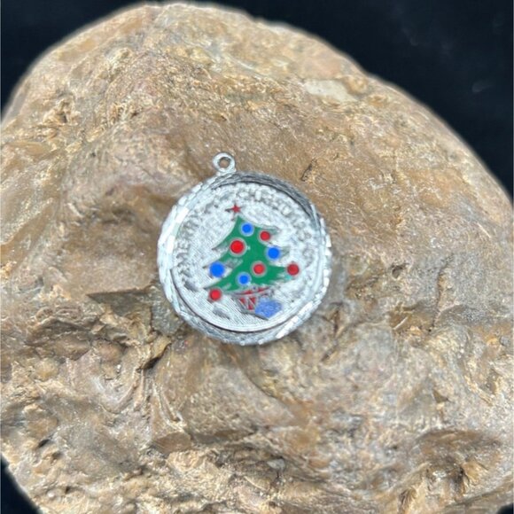 Merry Christmas Xmas Tree Disc Charm Sterling Silver Enamel - Picture 3 of 4